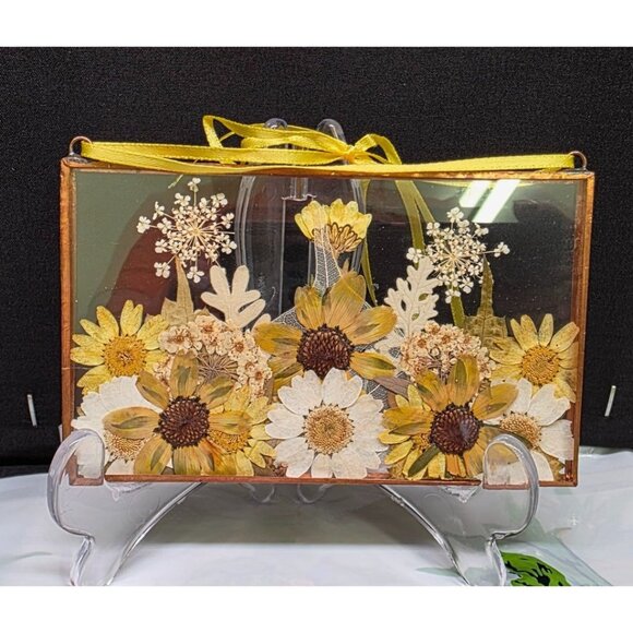 Vintage Double Glass Framed Pressed Flowers with Yellow Ribbon - Picture 1 of 6